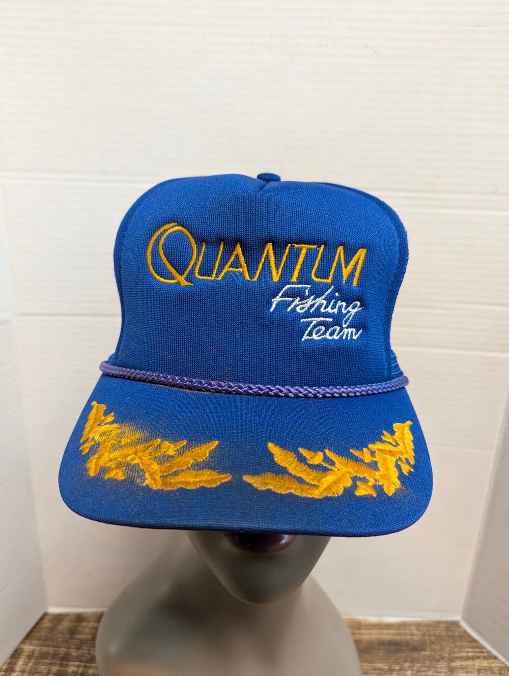 Vintage Quantum Fishing Tackle Blue Mesh Trucker Snapback Hat Retro Y2K
